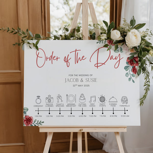 romantic red floral order of the day wedding sign - a crisp white background, with elegant black text and soft, romantic red blooms.