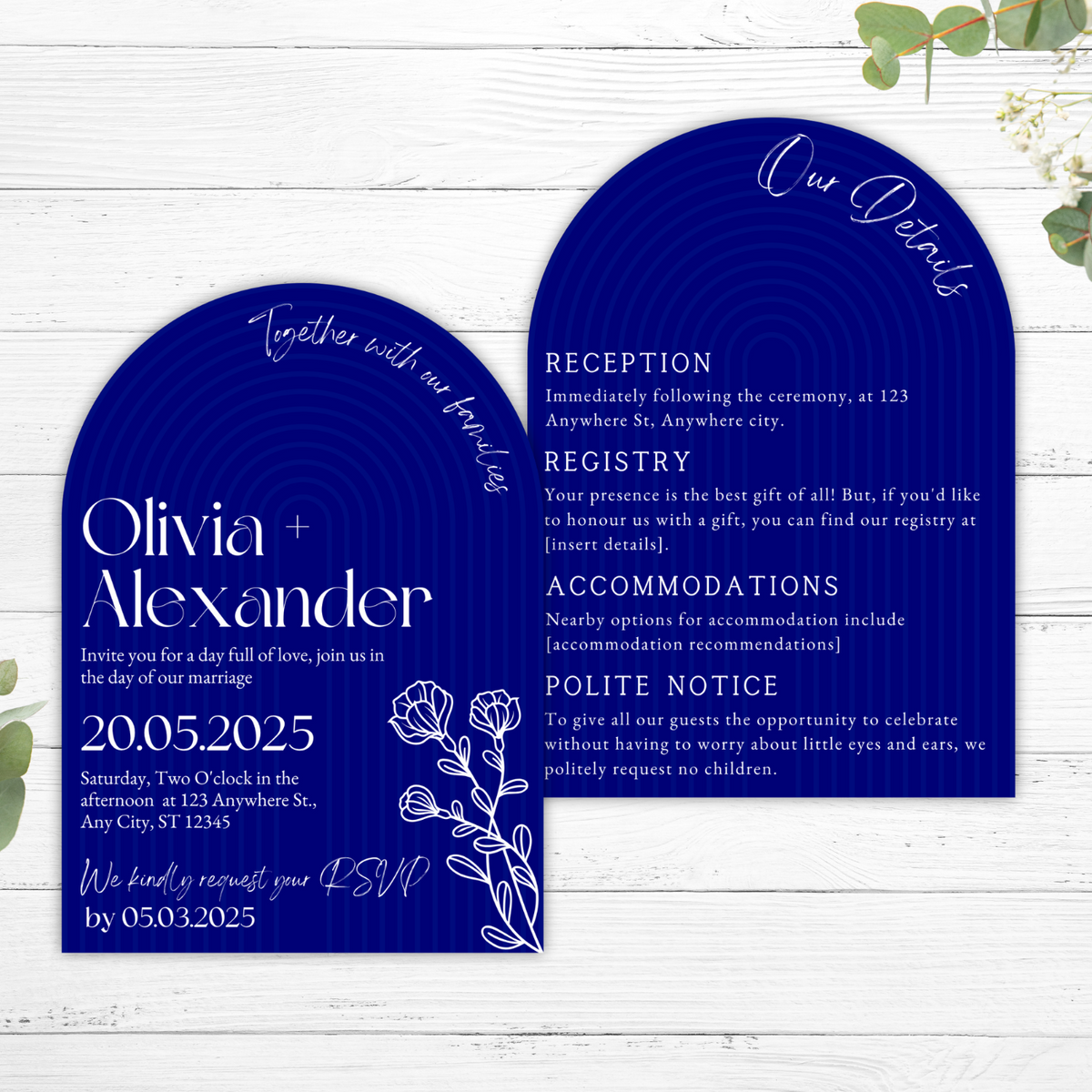 royal blue arch wedding invites - affordable wedding invitations personalised