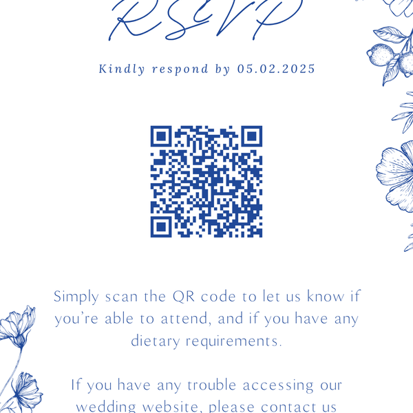 Personalised Santorini QR code RSVP card A6 wedding stationery with blue botanical sketches and custom photo front