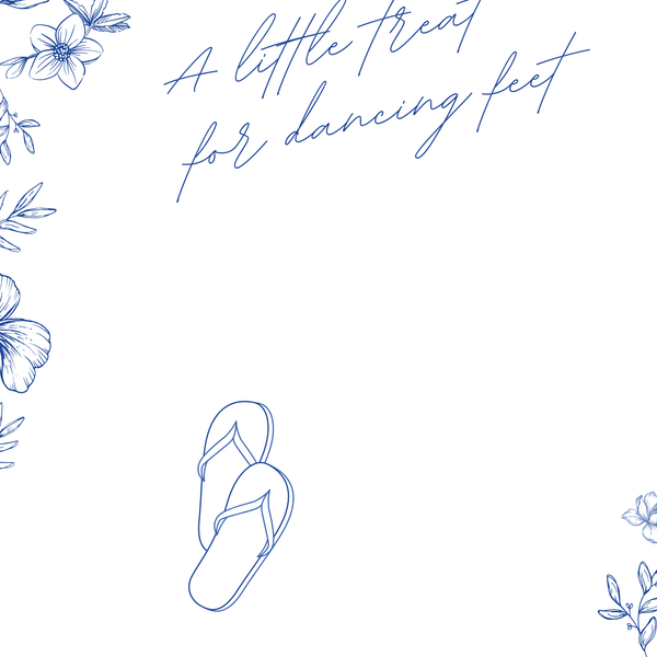 Santorini wedding flip flops sign with blue botanical sketches and elegant handwritten script