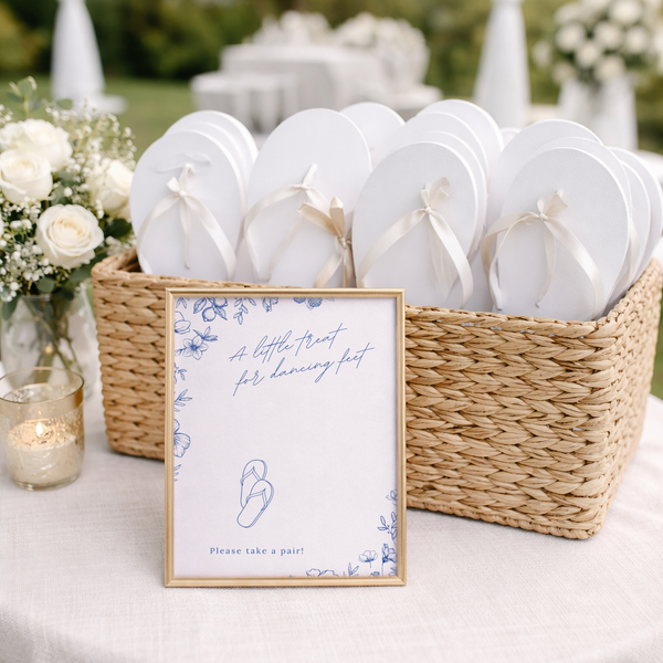 Santorini wedding flip flops sign with blue botanical sketches and elegant handwritten script