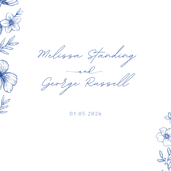 Personalised Santorini Save the Date card 5x7 inch wedding stationery with blue botanical sketch and elegant script typography