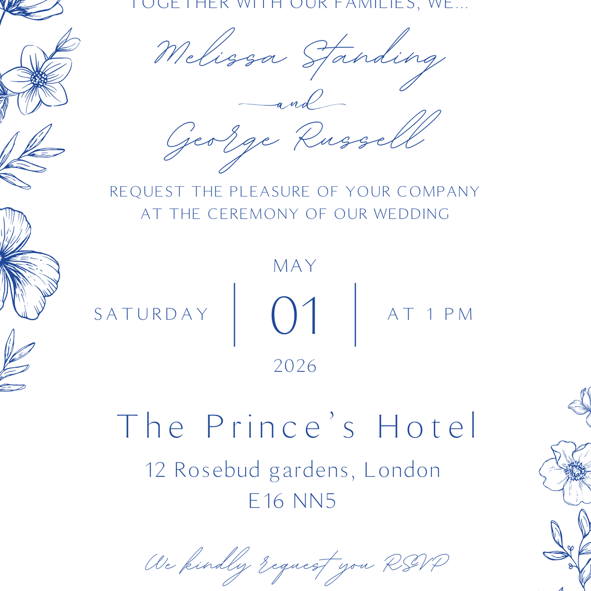 Personalised Santorini Wedding Invitation 5x7 inch wedding stationery with blue botanical sketch and elegant script typography