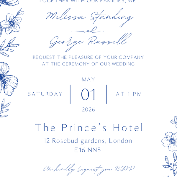 Personalised Santorini Wedding Invitation 5x7 inch wedding stationery with blue botanical sketch and elegant script typography