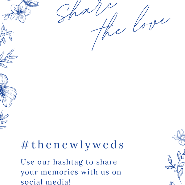 Santorini social media hashtag wedding sign with blue botanical sketches and elegant handwritten script