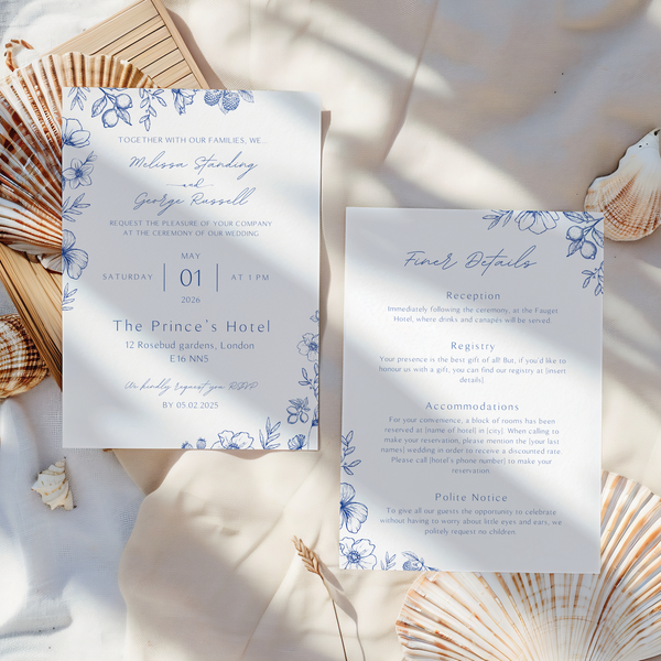 Personalised Santorini Wedding Invitation 5x7 inch wedding stationery with blue botanical sketch and elegant script typography