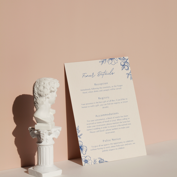 Personalised Santorini Wedding Invitation 5x7 inch wedding stationery with blue botanical sketch and elegant script typography