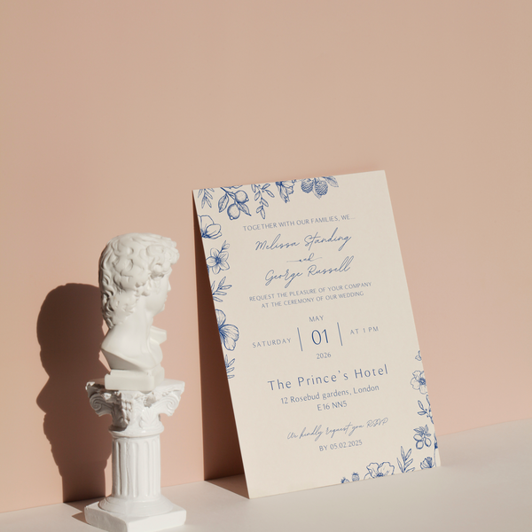 Personalised Santorini Wedding Invitation 5x7 inch wedding stationery with blue botanical sketch and elegant script typography