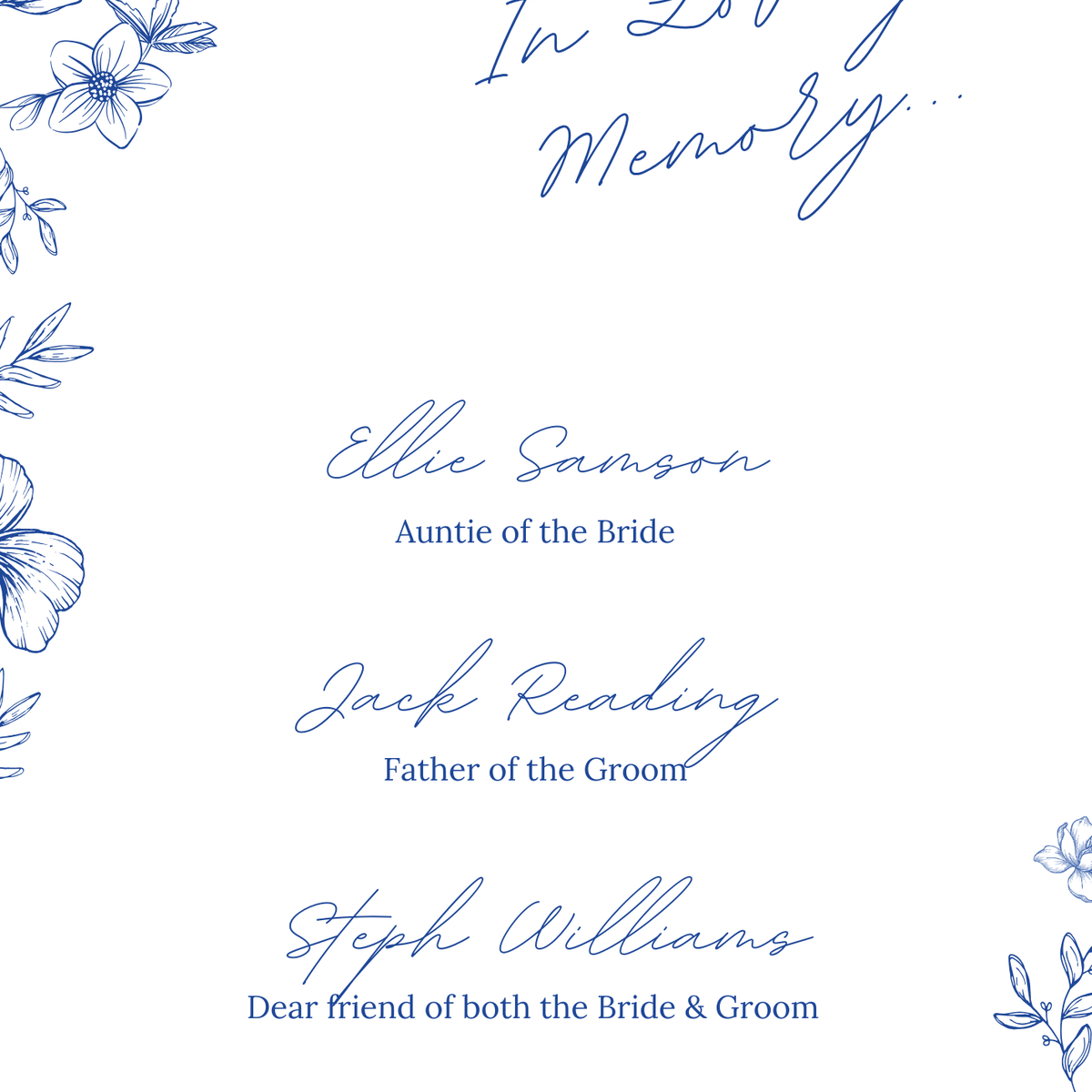 Santorini in loving memory wedding table sign with blue botanical sketches and elegant handwritten script