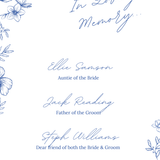 Santorini in loving memory wedding table sign with blue botanical sketches and elegant handwritten script