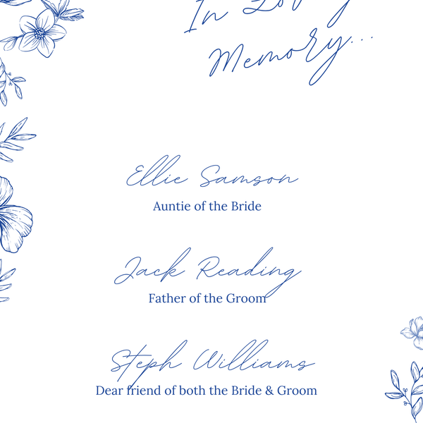 Santorini in loving memory wedding table sign with blue botanical sketches and elegant handwritten script