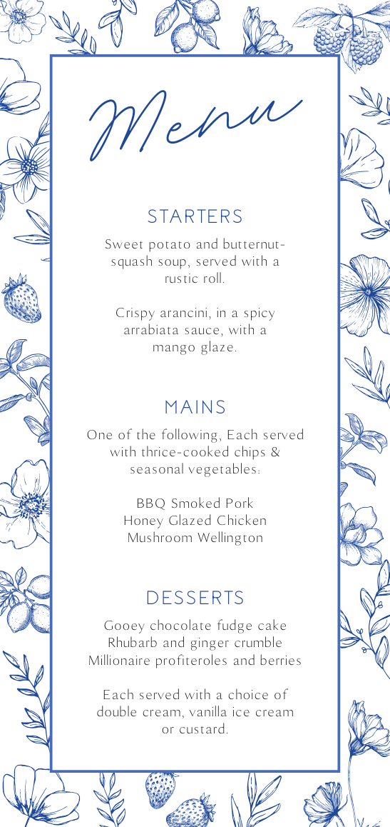 Santorini wedding table number card with blue botanical sketches and elegant handwritten script