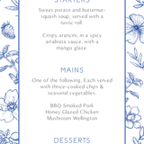 Santorini wedding table number card with blue botanical sketches and elegant handwritten script