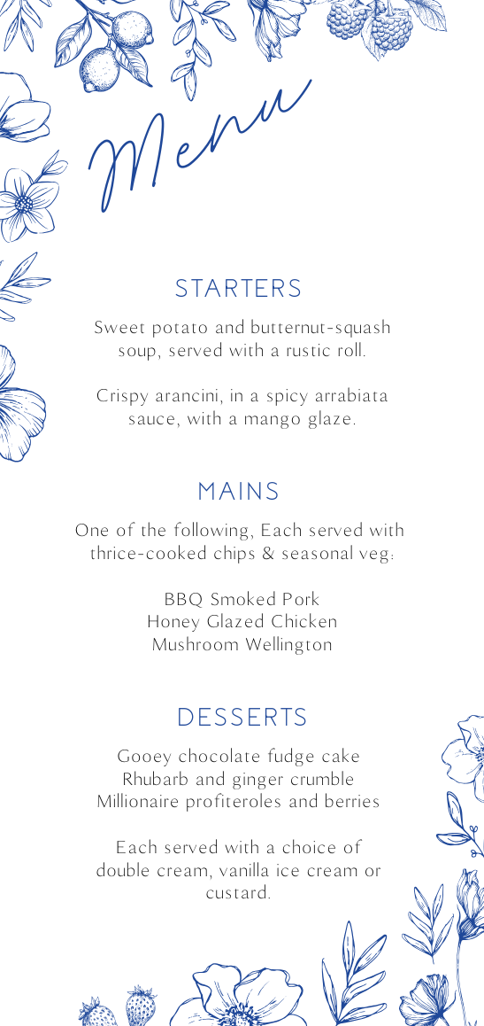 Santorini wedding table number card with blue botanical sketches and elegant handwritten script