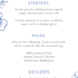 Santorini wedding table number card with blue botanical sketches and elegant handwritten script