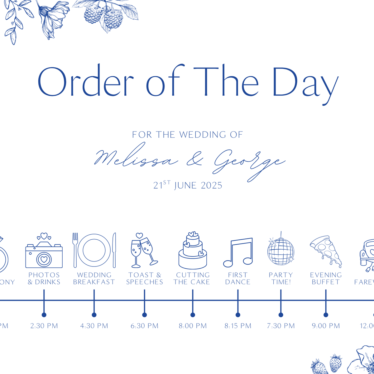 Santorini wedding order of the day sign with blue botanical sketches and elegant handwritten script