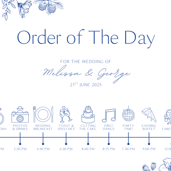 Santorini wedding order of the day sign with blue botanical sketches and elegant handwritten script