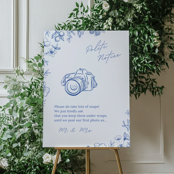 Santorini polite notice wedding sign with blue botanical sketches and elegant handwritten script