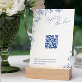 Santorini photo sharing QR code wedding sign with blue botanical sketches and elegant handwritten script