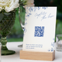 Santorini photo sharing QR code wedding sign with blue botanical sketches and elegant handwritten script