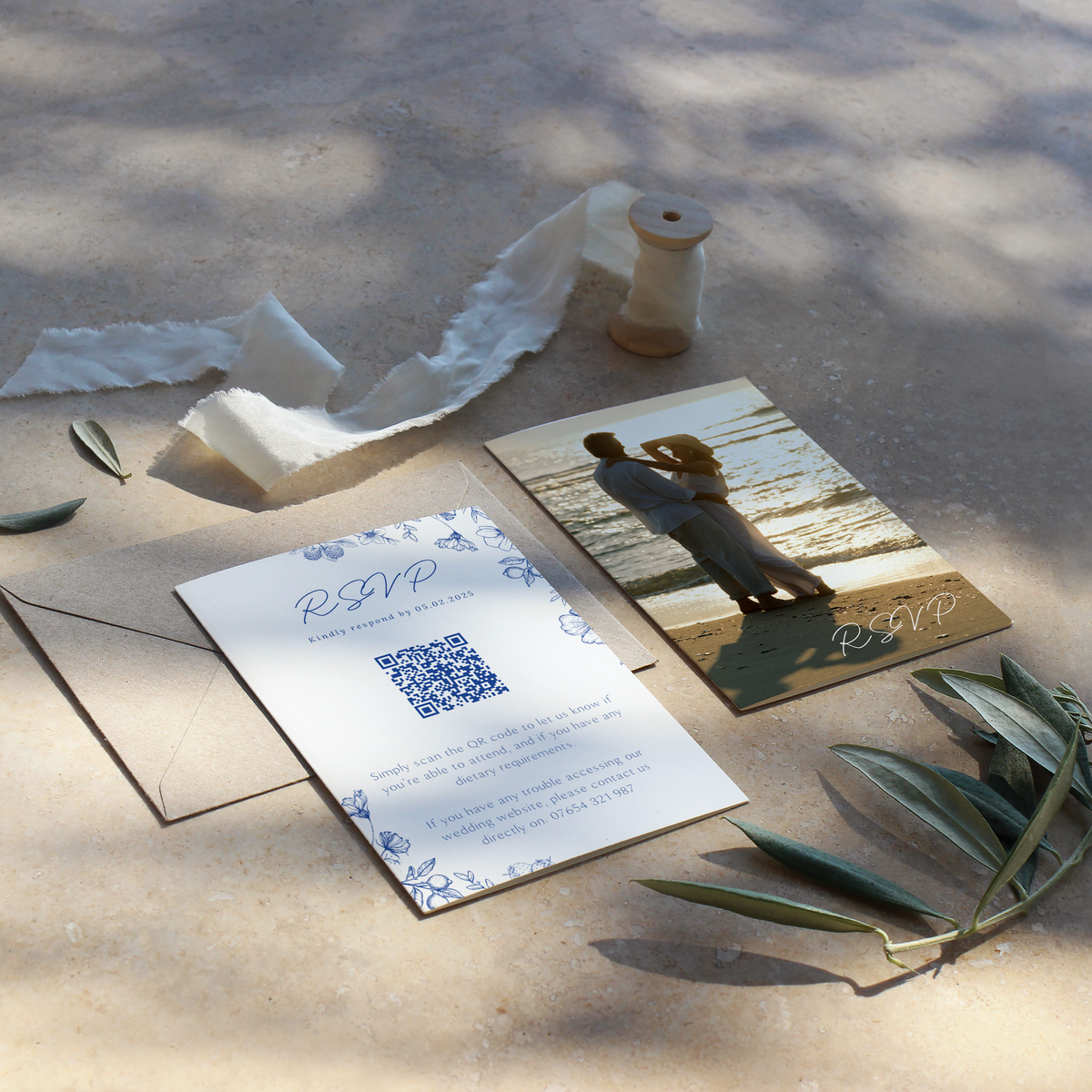 Personalised Santorini QR code RSVP card A6 wedding stationery with blue botanical sketches and custom photo front