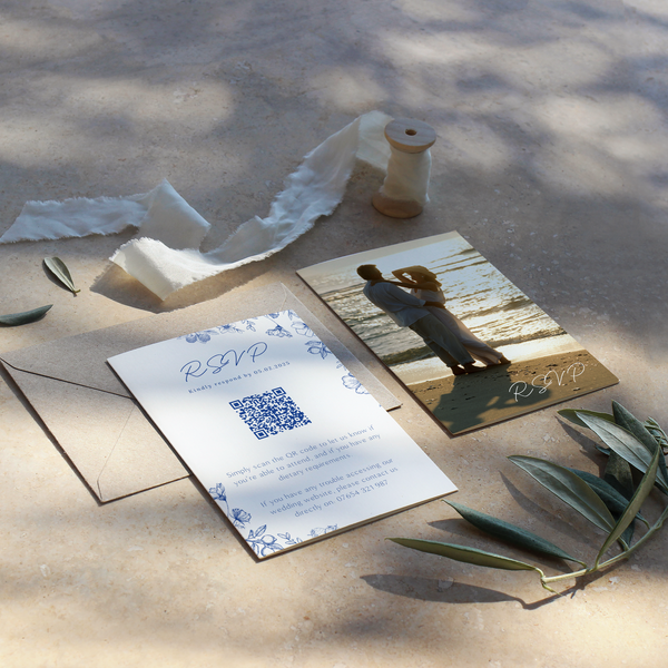 Personalised Santorini QR code RSVP card A6 wedding stationery with blue botanical sketches and custom photo front