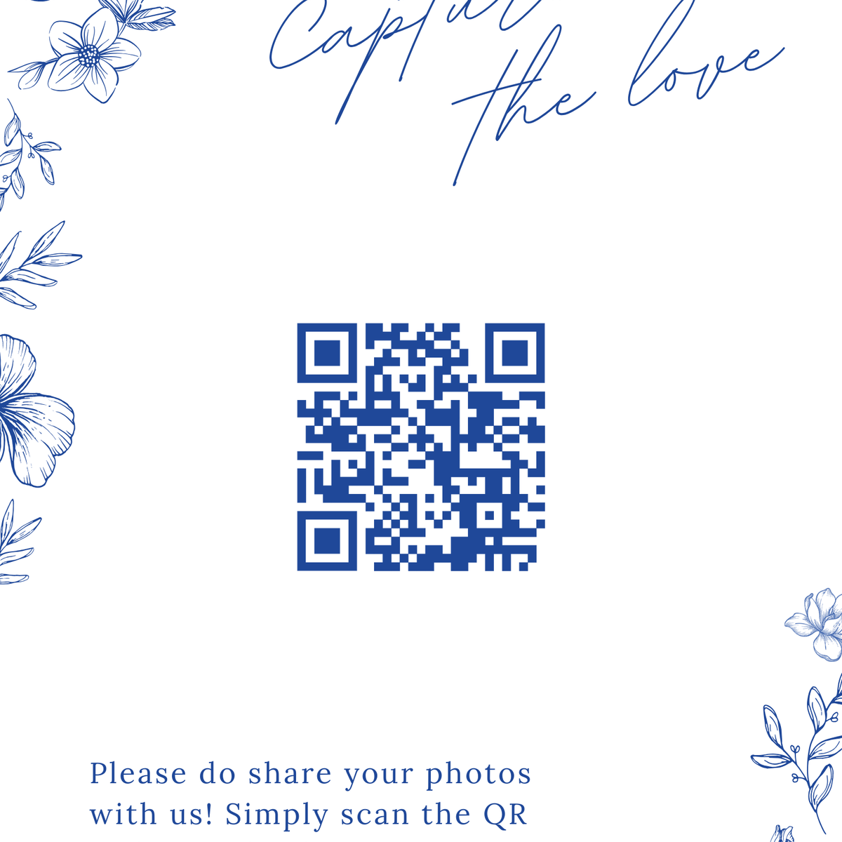 Santorini photo sharing QR code wedding sign with blue botanical sketches and elegant handwritten script