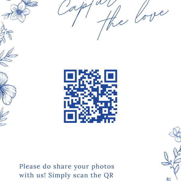 Santorini photo sharing QR code wedding sign with blue botanical sketches and elegant handwritten script