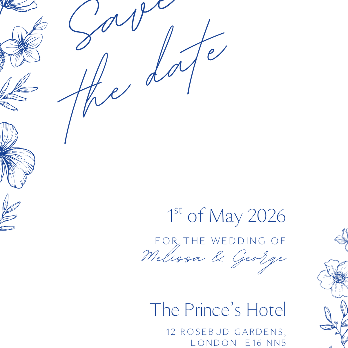 Personalised Santorini Save the Date card 5x7 inch wedding stationery with blue botanical sketch and elegant script typography