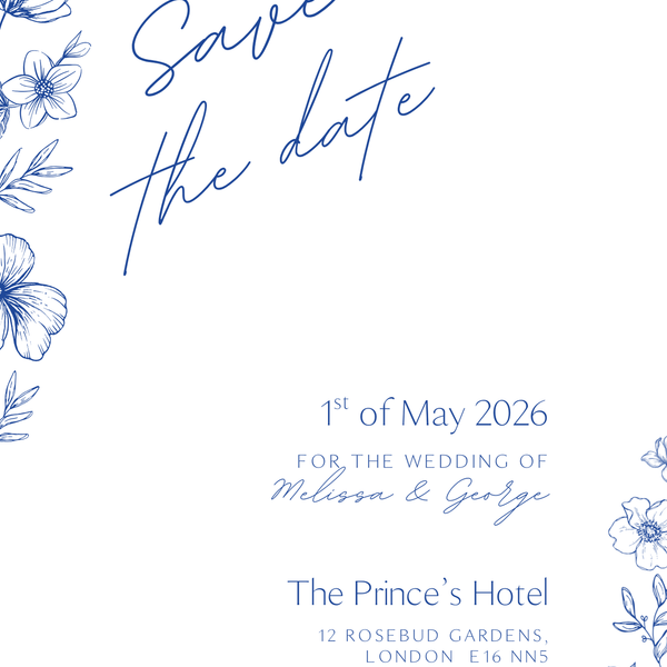 Personalised Santorini Save the Date card 5x7 inch wedding stationery with blue botanical sketch and elegant script typography