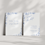 Personalised Santorini Save the Date card 5x7 inch wedding stationery with blue botanical sketch and elegant script typography