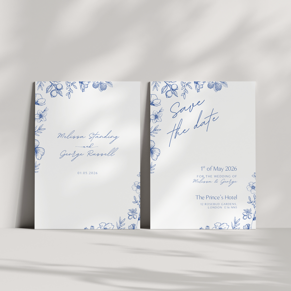 Personalised Santorini Save the Date card 5x7 inch wedding stationery with blue botanical sketch and elegant script typography