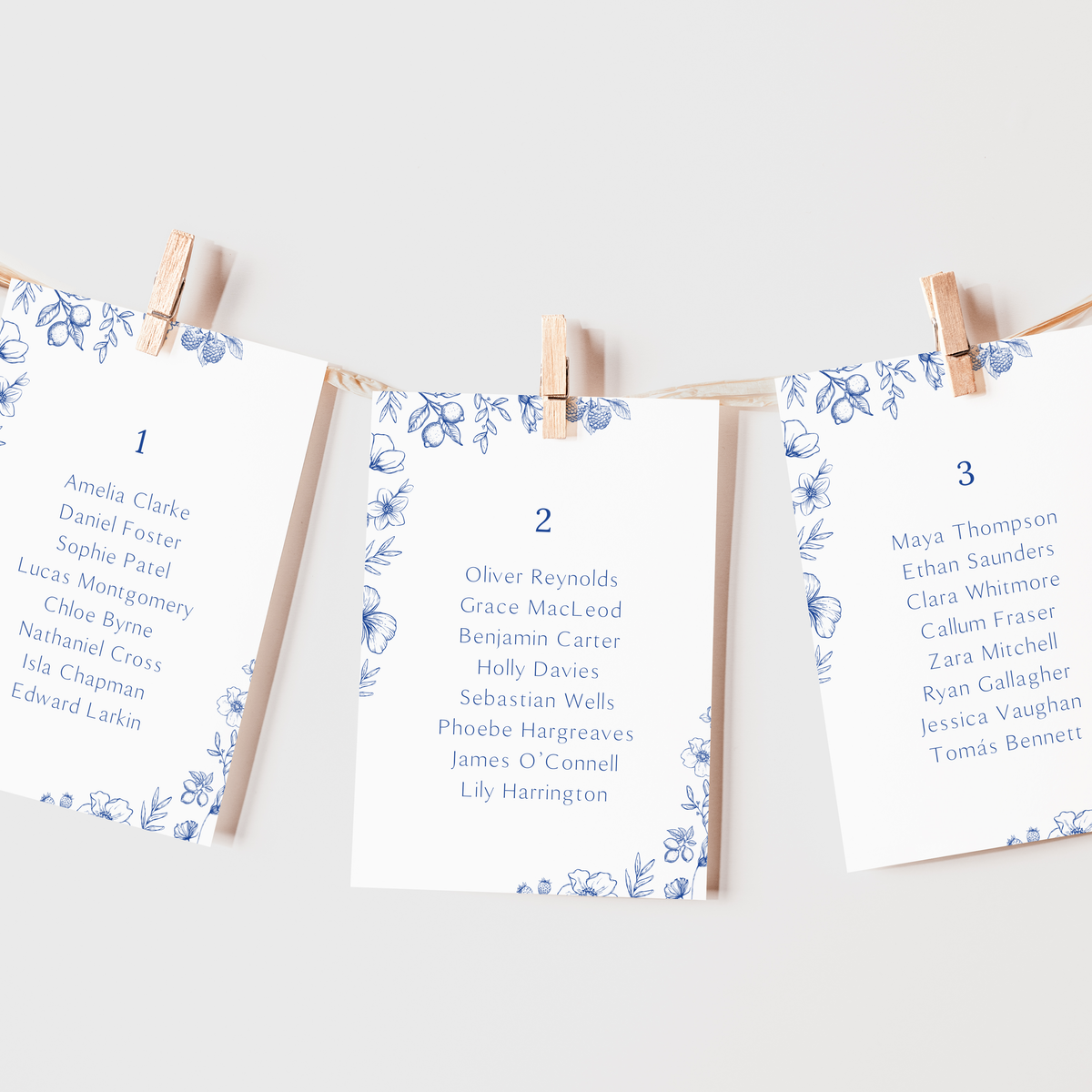 Santorini wedding seating plan cards with blue botanical sketches and elegant handwritten script