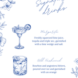 Santorini signature drinks wedding sign with blue botanical sketches and elegant handwritten script