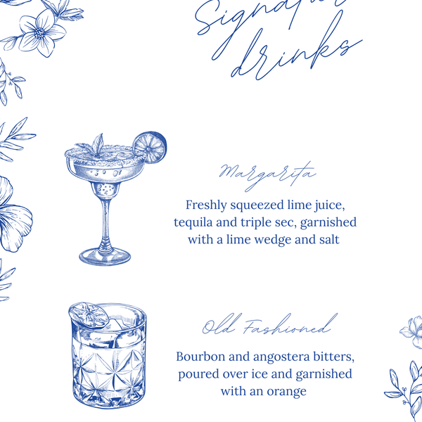 Santorini signature drinks wedding sign with blue botanical sketches and elegant handwritten script