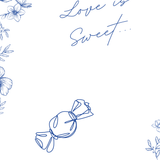 Santorini sweet table wedding sign with blue botanical sketches and elegant handwritten script