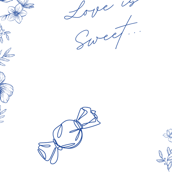 Santorini sweet table wedding sign with blue botanical sketches and elegant handwritten script