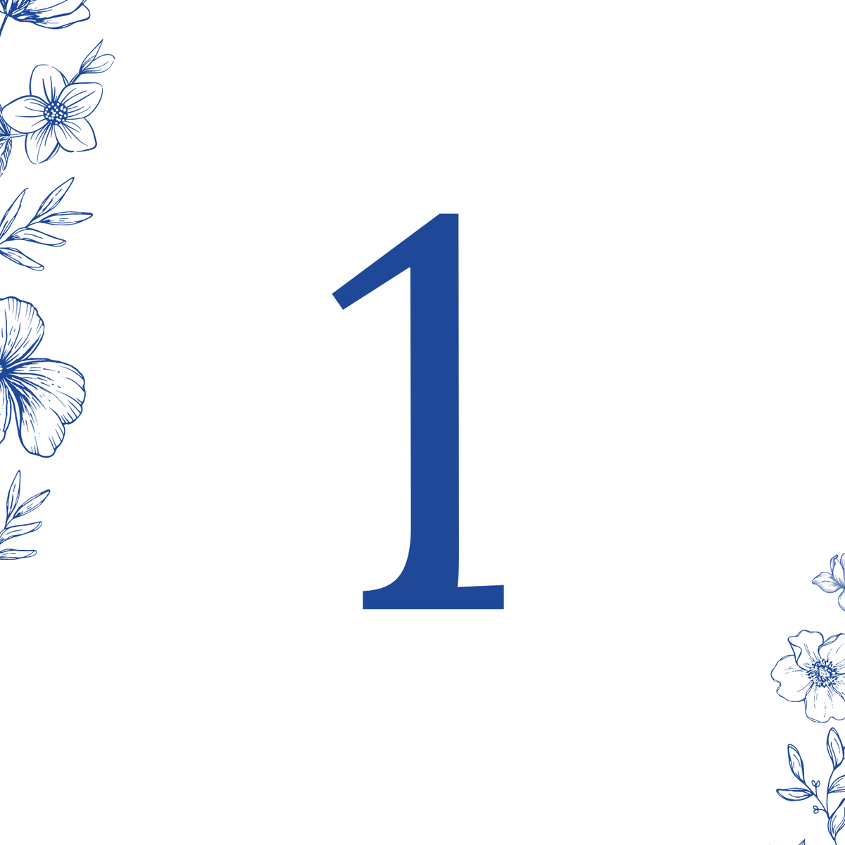 Santorini wedding table number card with blue botanical sketches and elegant handwritten script