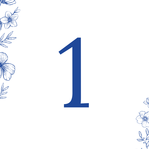 Santorini wedding table number card with blue botanical sketches and elegant handwritten script
