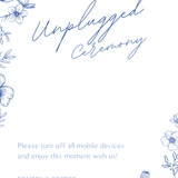 Santorini unplugged ceremony wedding sign with blue botanical sketches and elegant handwritten script