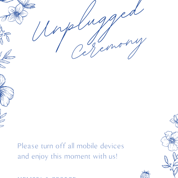 Santorini unplugged ceremony wedding sign with blue botanical sketches and elegant handwritten script
