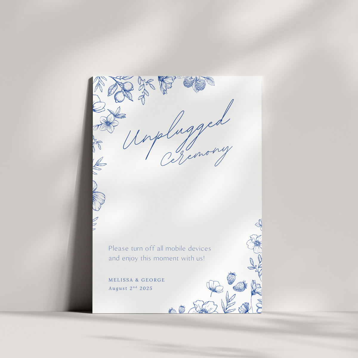 Santorini unplugged ceremony wedding sign with blue botanical sketches and elegant handwritten script