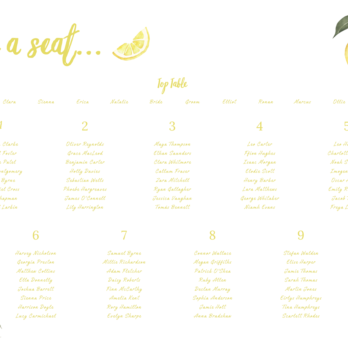 Limoncello wedding seating plan sign with lemon watercolour illustrations and yellow script text