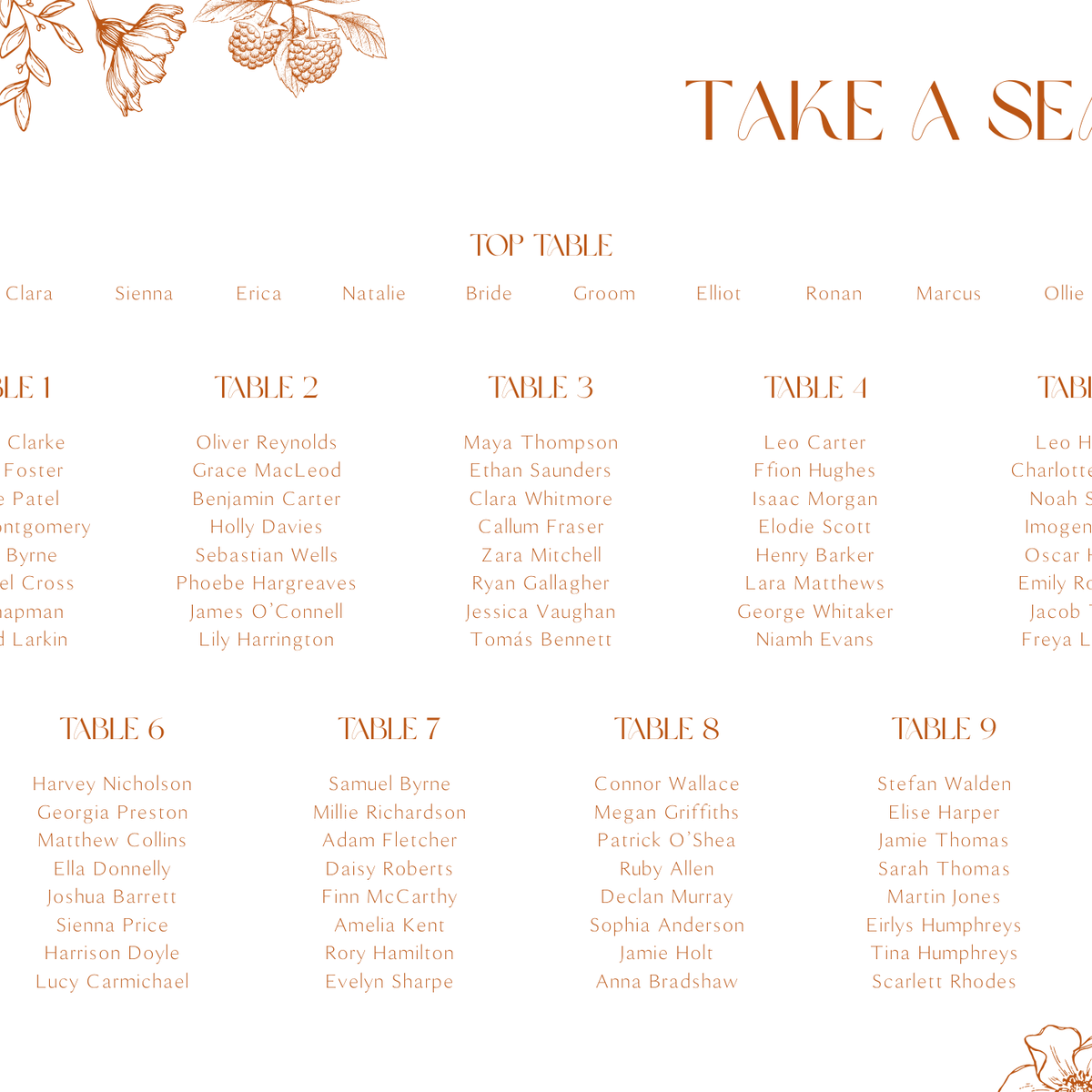 Sienna floral wedding seating plan sign with terracotta botanical sketches and elegant boho typography
