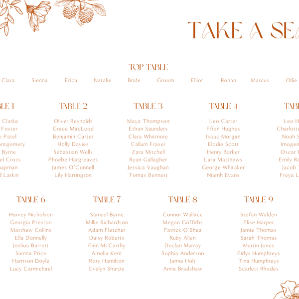 Sienna floral wedding seating plan sign with terracotta botanical sketches and elegant boho typography