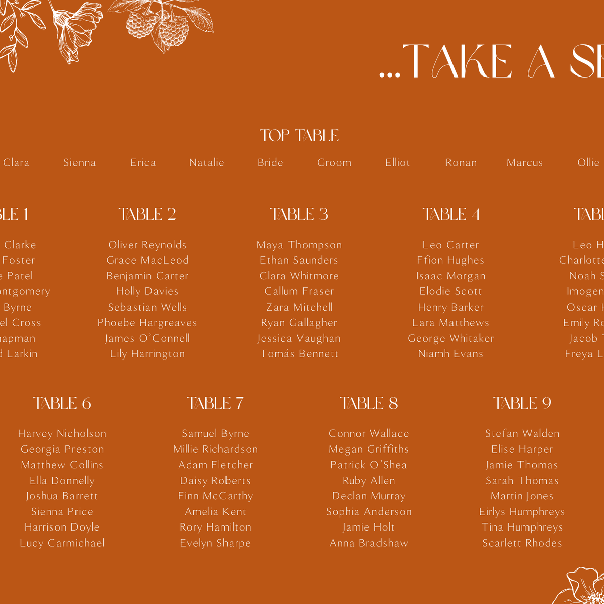 Toasted Amber wedding seating plan sign with burnt orange background and white botanical line art