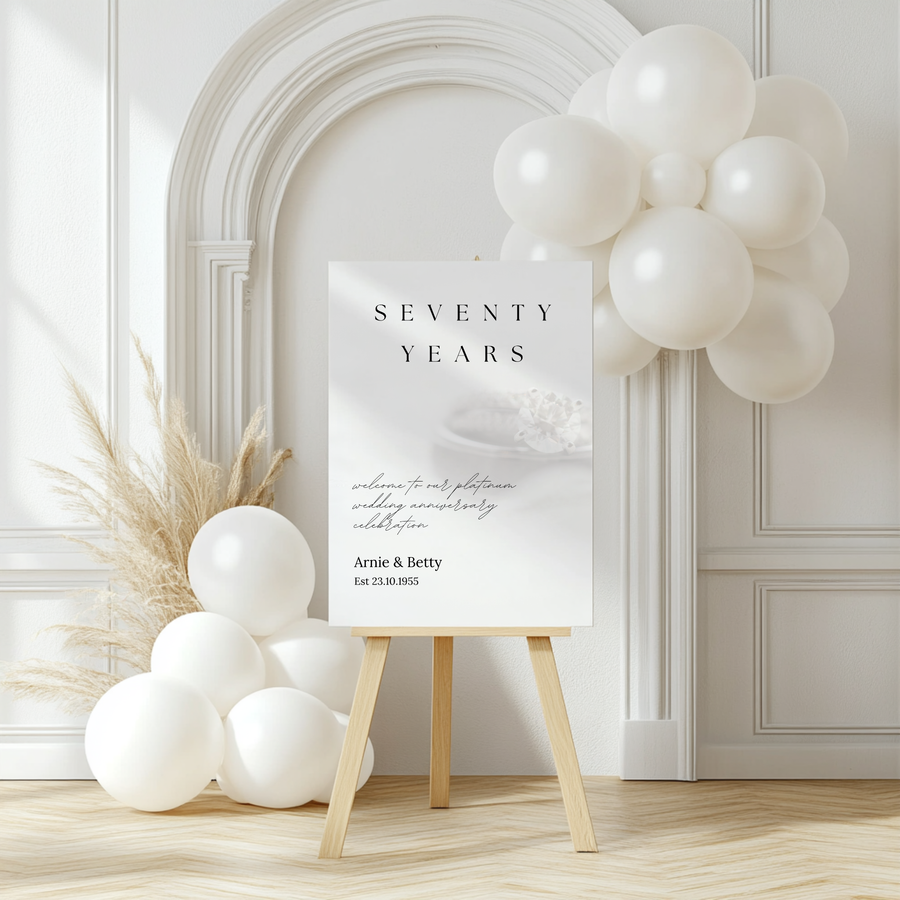 seventy Years platinum Anniversary Sign - Customizable Anniversary Welcome Board – A personalized anniversary sign with editable text, showcasing a modern and stylish layout.