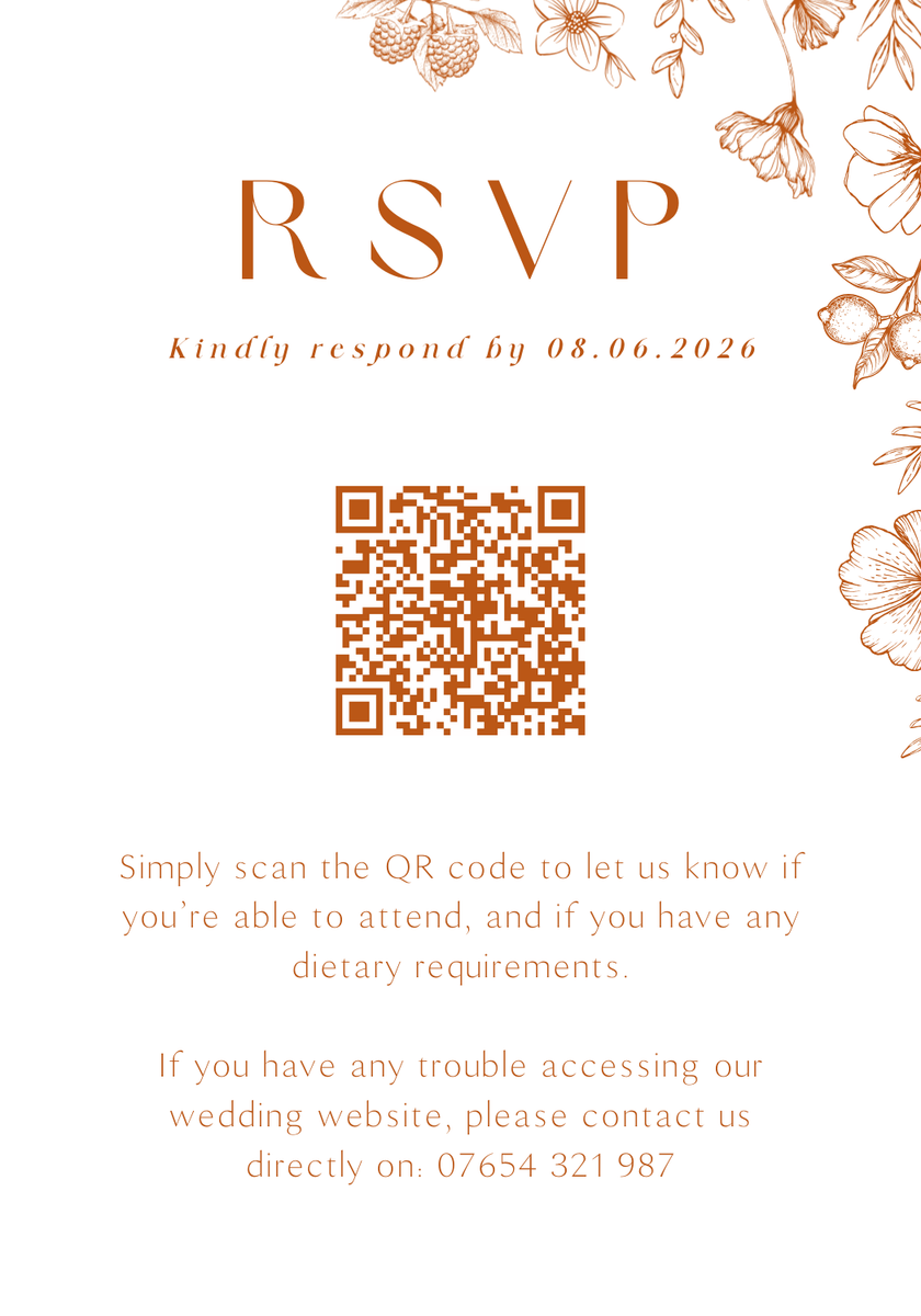 Personalised Sienna QR code RSVP card A6 wedding stationery with terracotta botanical design and custom photo front
