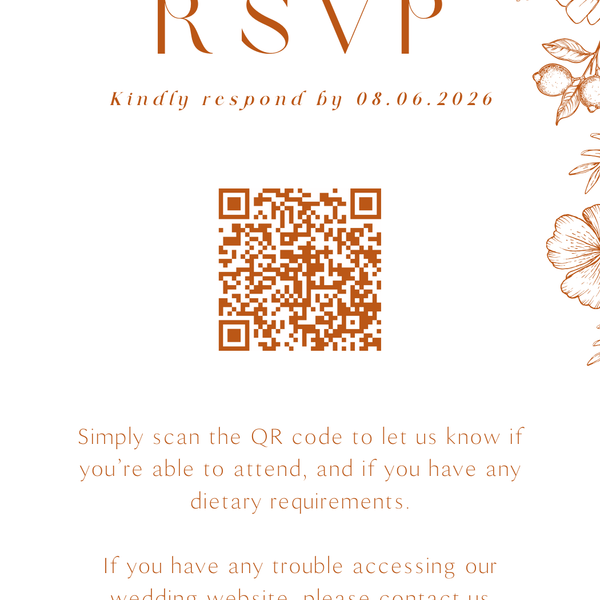 Personalised Sienna QR code RSVP card A6 wedding stationery with terracotta botanical design and custom photo front