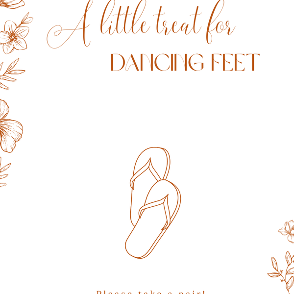 Sienna floral wedding flip flops sign with terracotta botanical sketches and elegant boho typography